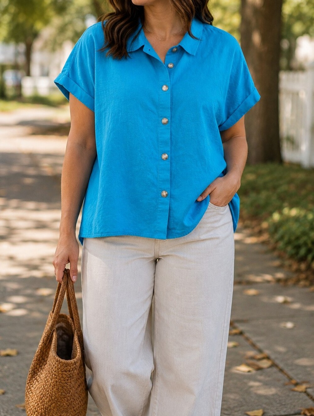 Reitmans Linen Viscose Blend Teal Button-Down Top Short Sleeve Lightweight